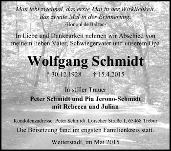 Traueranzeige von Wolfgang Schmidt von Echo-Zeitungen (Gesamtausgabe)