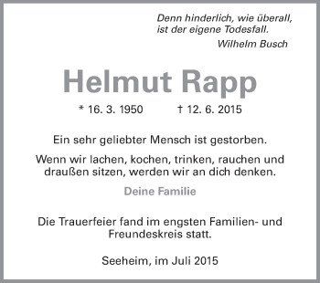 Traueranzeige von Helmut Rapp von Echo-Zeitungen (Gesamtausgabe)