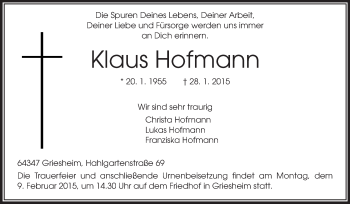 Traueranzeige von Klaus Hofmann von Echo-Zeitungen (Gesamtausgabe)