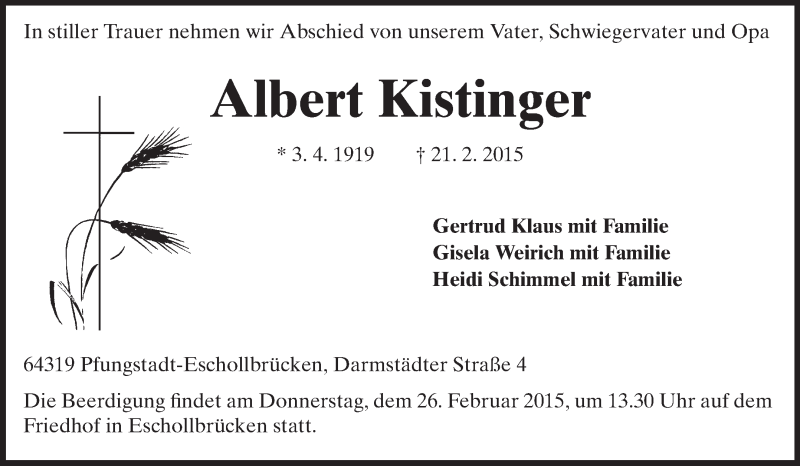  Traueranzeige für Albert Kistinger vom 24.02.2015 aus Echo-Zeitungen (Gesamtausgabe)