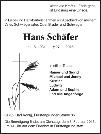 Traueranzeige von Hans Schäfer von Odenwälder Echo