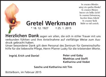 Traueranzeige von Gretel Werkmann von Rüsselsheimer Echo, Groß-Gerauer-Echo, Ried Echo
