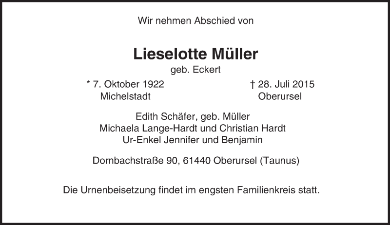  Traueranzeige für Lieselotte Müller vom 01.08.2015 aus trauer.echo-online.de