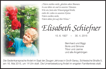 Traueranzeige von Elisabeth Schiefner von Rüsselsheimer Echo, Groß-Gerauer-Echo, Ried Echo