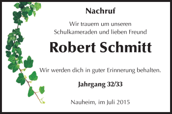 Traueranzeige von Robert Schmitt von Rüsselsheimer Echo, Groß-Gerauer-Echo, Ried Echo