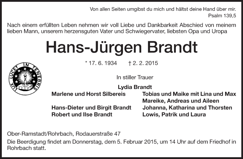  Traueranzeige für Hans-Jürgen Brandt vom 04.02.2015 aus Echo-Zeitungen (Gesamtausgabe)