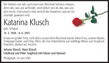 Traueranzeige von Katarina Klusch von Echo-Zeitungen (Gesamtausgabe)