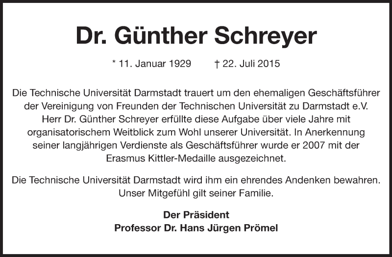  Traueranzeige für Günther Schreyer vom 29.07.2015 aus Echo-Zeitungen (Gesamtausgabe)