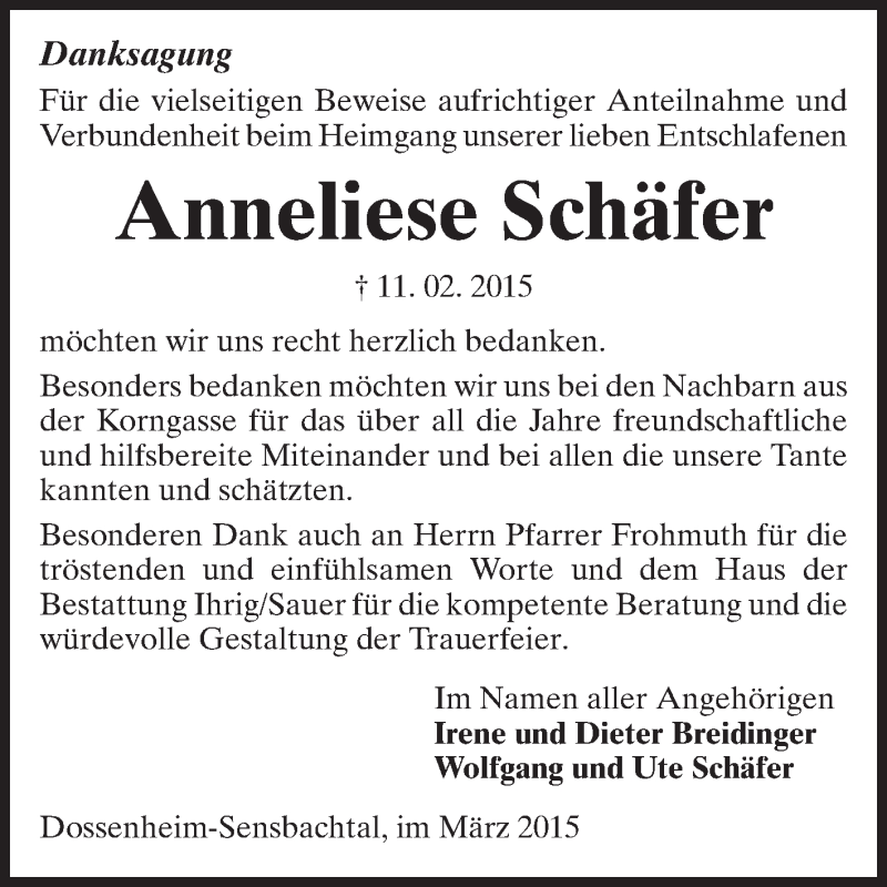  Traueranzeige für Anneliese Schäfer vom 20.03.2015 aus Odenwälder Echo