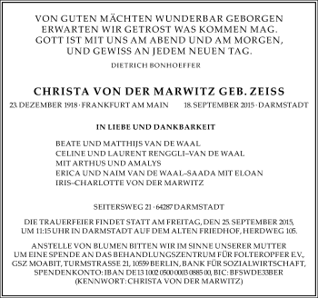 Traueranzeige von Christa von der Marwitz von trauer.echo-online.de