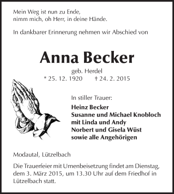 Traueranzeige von Anna Becker von Echo-Zeitungen (Gesamtausgabe)