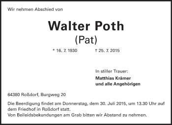 Traueranzeige von Walter Poth von Echo-Zeitungen (Gesamtausgabe)