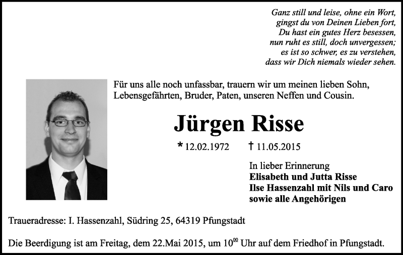  Traueranzeige für Jürgen Risse vom 16.05.2015 aus Echo-Zeitungen (Gesamtausgabe)