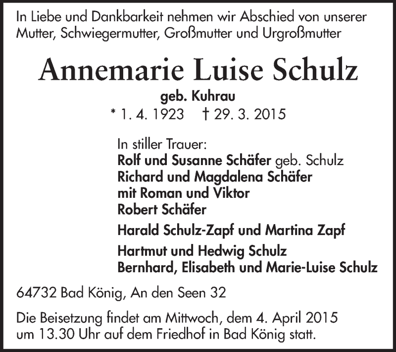  Traueranzeige für Annemarie Luise Schulz vom 04.04.2015 aus Odenwälder Echo