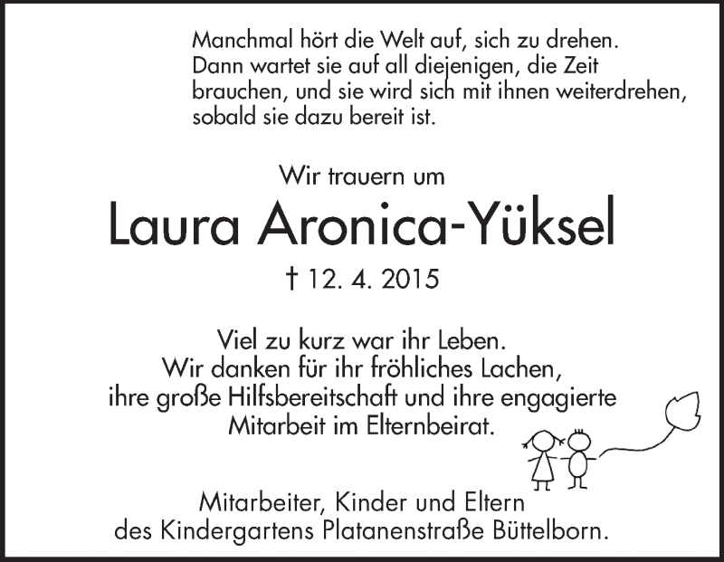  Traueranzeige für Laura Aronica-Yüksel vom 17.04.2015 aus Rüsselsheimer Echo, Groß-Gerauer-Echo, Ried Echo