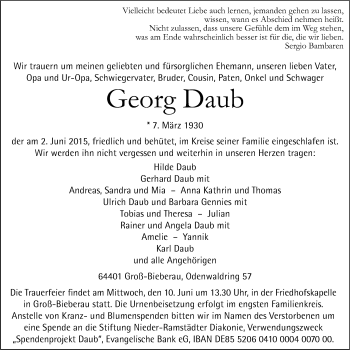 Traueranzeige von Georg Daub von Echo-Zeitungen (Gesamtausgabe)