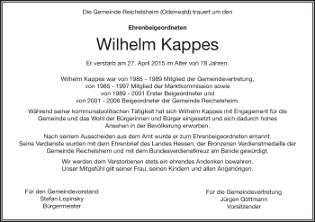 Traueranzeige von Wilhelm Kappes von Odenwälder Echo