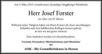 Traueranzeige von Josef Forster von Odenwälder Echo