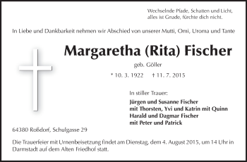 Traueranzeige von Margaretha Fischer von Echo-Zeitungen (Gesamtausgabe)