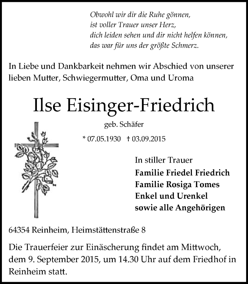  Traueranzeige für Ilse Eisinger-Friedrich vom 05.09.2015 aus trauer.echo-online.de