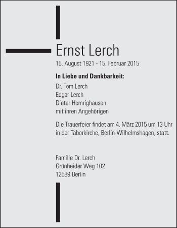Traueranzeige von Ernst Lerch von Echo-Zeitungen (Gesamtausgabe)