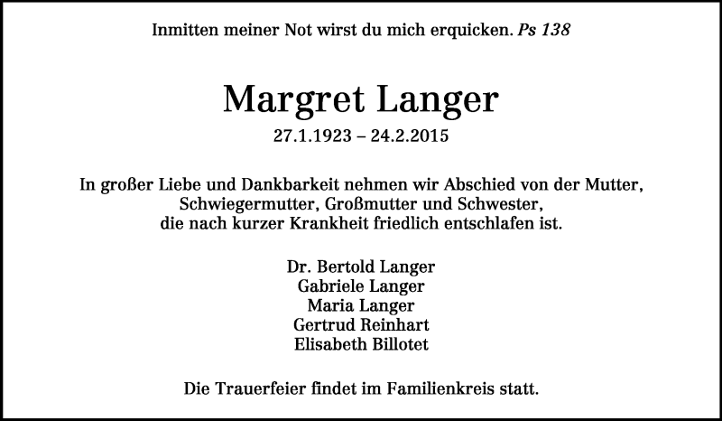 Traueranzeige für Margret Langer vom 07.03.2015 aus Echo-Zeitungen (Gesamtausgabe)