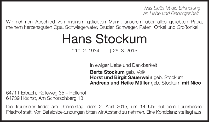  Traueranzeige für Hans Stockum vom 31.03.2015 aus Odenwälder Echo
