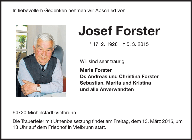  Traueranzeige für Josef Forster vom 10.03.2015 aus Odenwälder Echo