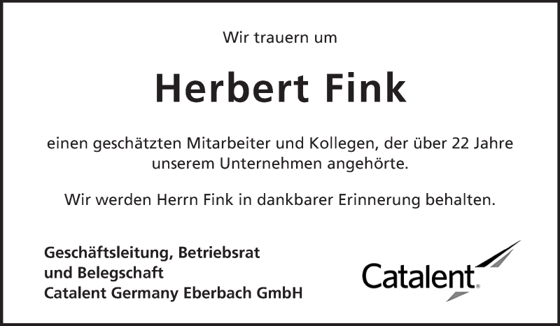  Traueranzeige für Herbert Fink vom 24.03.2015 aus Odenwälder Echo
