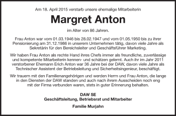 Traueranzeige von Margret Anton  von Echo-Zeitungen (Gesamtausgabe)