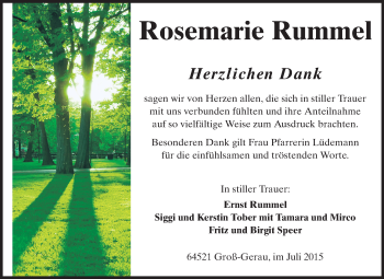 Traueranzeige von Rosemarie Rummel von Rüsselsheimer Echo, Groß-Gerauer-Echo, Ried Echo