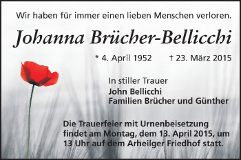 Traueranzeige von Johanna Brücher-Bellicchi von Echo-Zeitungen (Gesamtausgabe)