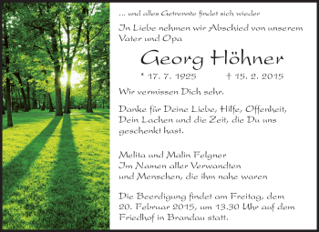 Traueranzeige von Georg Höhner von Echo-Zeitungen (Gesamtausgabe)