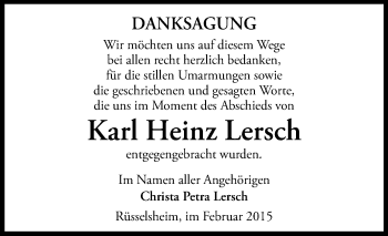 Traueranzeige von Karl Heinz Lersch von Rüsselsheimer Echo, Groß-Gerauer-Echo, Ried Echo
