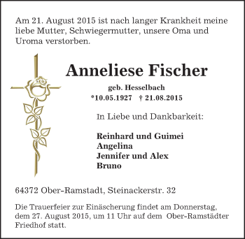 Traueranzeige von Anneliese Fischer von trauer.echo-online.de