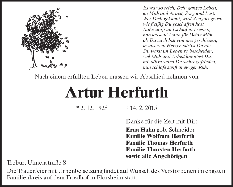  Traueranzeige für Artur Herfurth vom 18.02.2015 aus Rüsselsheimer Echo, Groß-Gerauer-Echo, Ried Echo