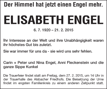 Traueranzeige von Elisabeth Engel von Echo-Zeitungen (Gesamtausgabe)