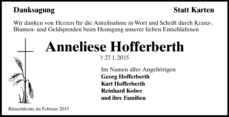  Traueranzeige für Anneliese Hofferberth vom 21.02.2015 aus Rüsselsheimer Echo, Groß-Gerauer-Echo, Ried Echo