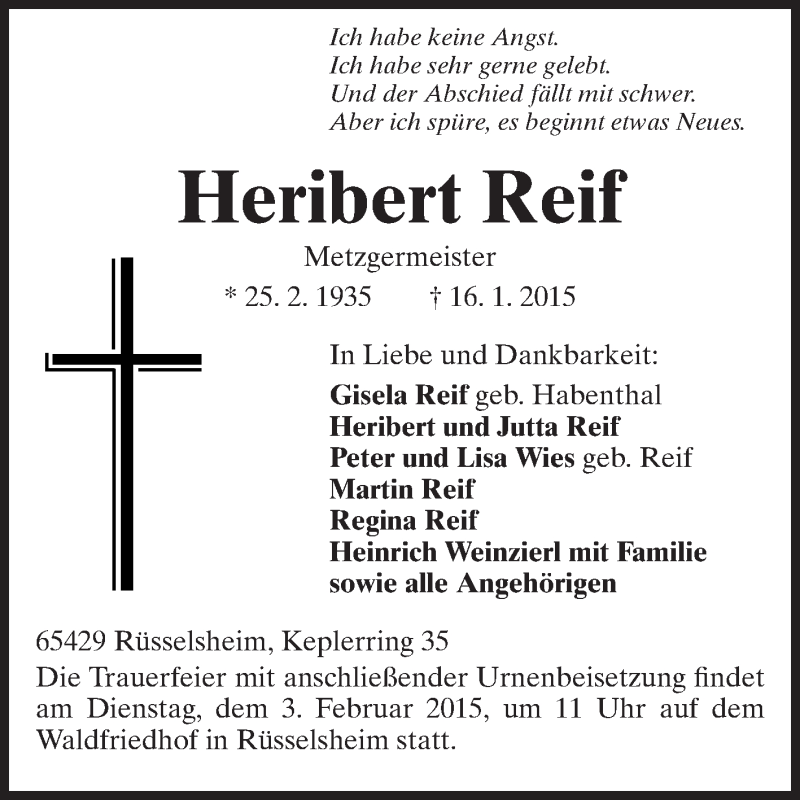  Traueranzeige für Heribert Reif vom 24.01.2015 aus Rüsselsheimer Echo, Groß-Gerauer-Echo, Ried Echo