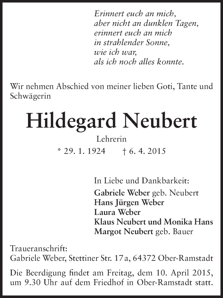  Traueranzeige für Hildegard Neubert vom 08.04.2015 aus Darmstädter Echo, Odenwälder Echo, Rüsselsheimer Echo, Groß-Gerauer-Echo, Ried Echo