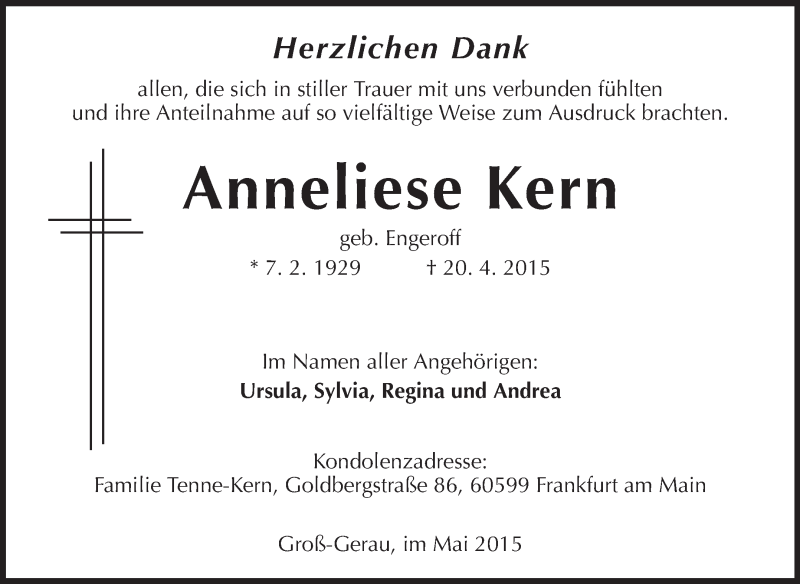  Traueranzeige für Anneliese Kern vom 02.05.2015 aus Rüsselsheimer Echo, Groß-Gerauer-Echo, Ried Echo
