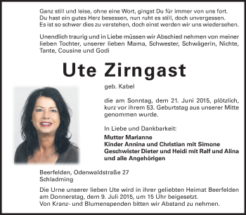 Traueranzeige von Ute Zirngast von Odenwälder Echo