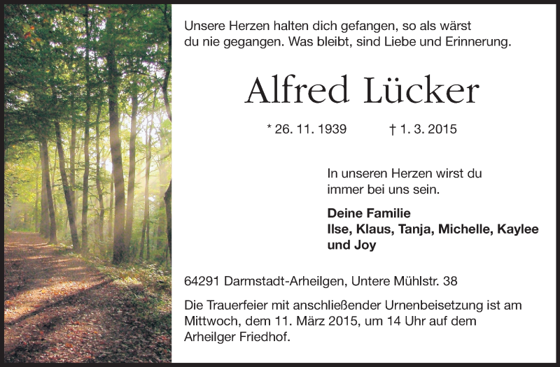  Traueranzeige für Alfred Lücker vom 04.03.2015 aus Echo-Zeitungen (Gesamtausgabe)