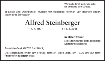 Traueranzeige von Alfred Steinberger von Odenwälder Echo