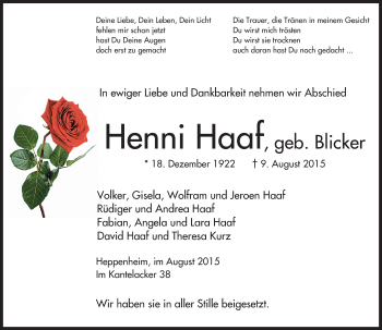 Traueranzeige von Henni Haaf von trauer.echo-online.de