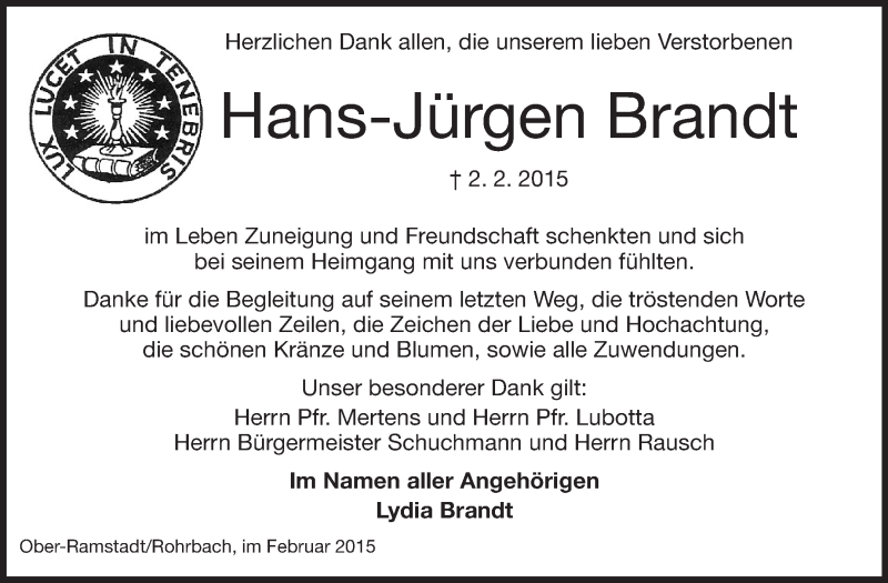  Traueranzeige für Hans-Jürgen Brandt vom 28.02.2015 aus Echo-Zeitungen (Gesamtausgabe)