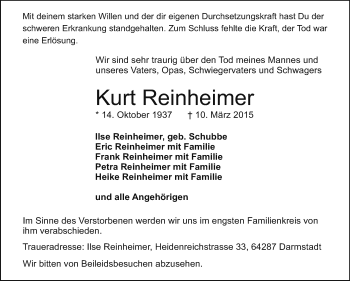 Traueranzeige von Kurt Reinheimer von Echo-Zeitungen (Gesamtausgabe)