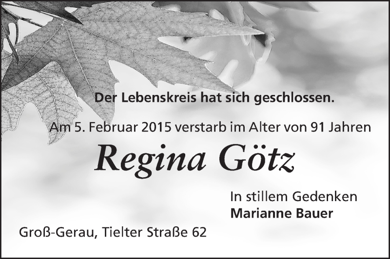  Traueranzeige für Regina Götz vom 03.03.2015 aus Echo-Zeitungen (Gesamtausgabe)