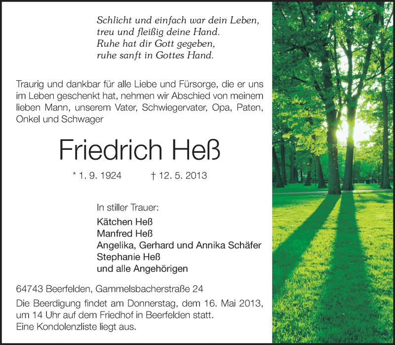  Traueranzeige für Friedrich Heß vom 15.05.2013 aus Darmstädter Echo