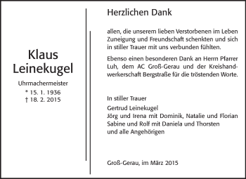 Traueranzeige von Klaus Leinekugel von Rüsselsheimer Echo, Groß-Gerauer-Echo, Ried Echo